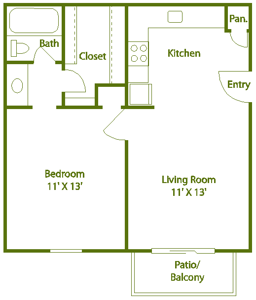 Floor plan for 1 bed, 1 bath, 521 sqft